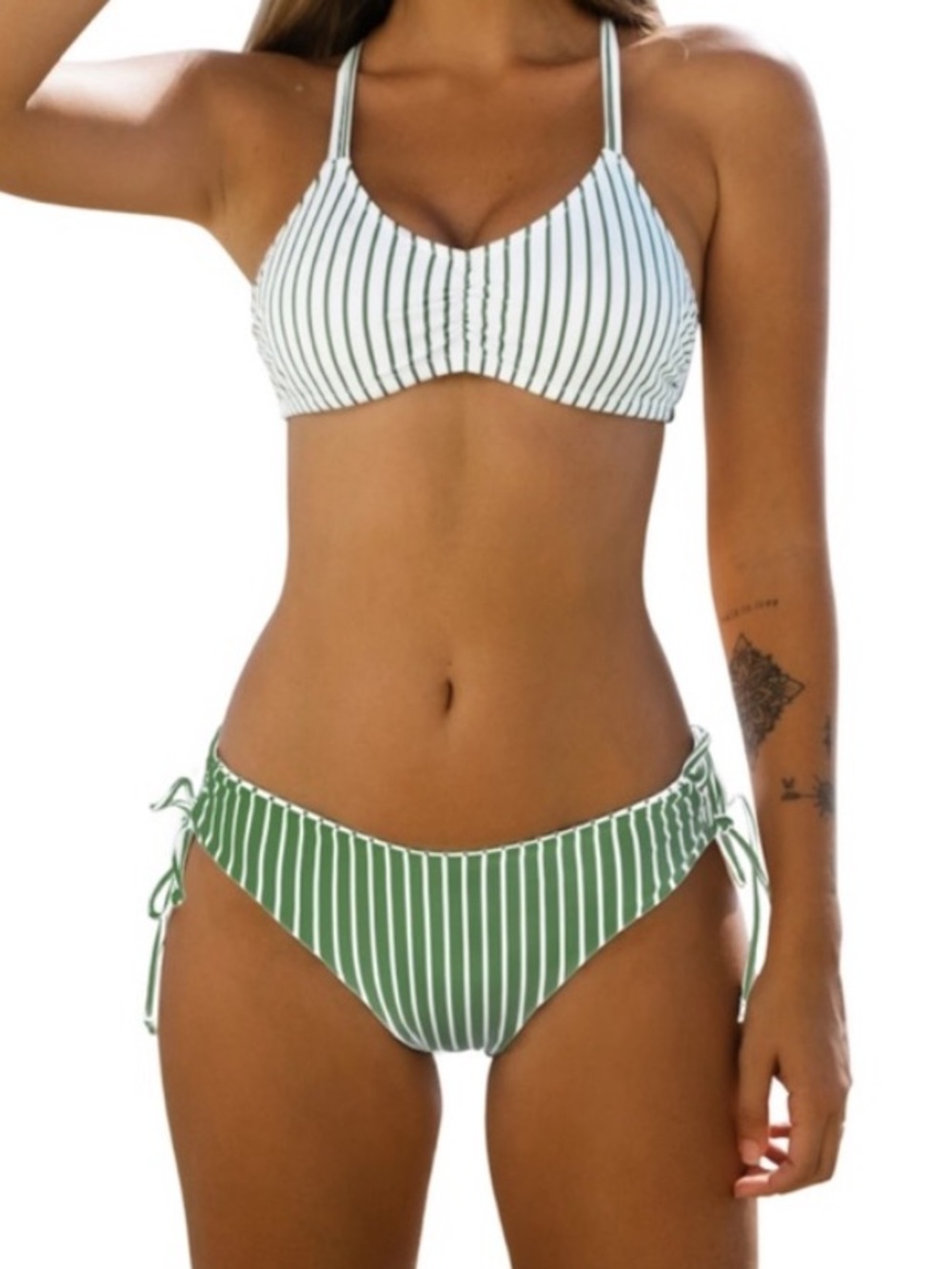 Cupshe Reversible Striped Two-Piece Bikini Set - Green/White Size M